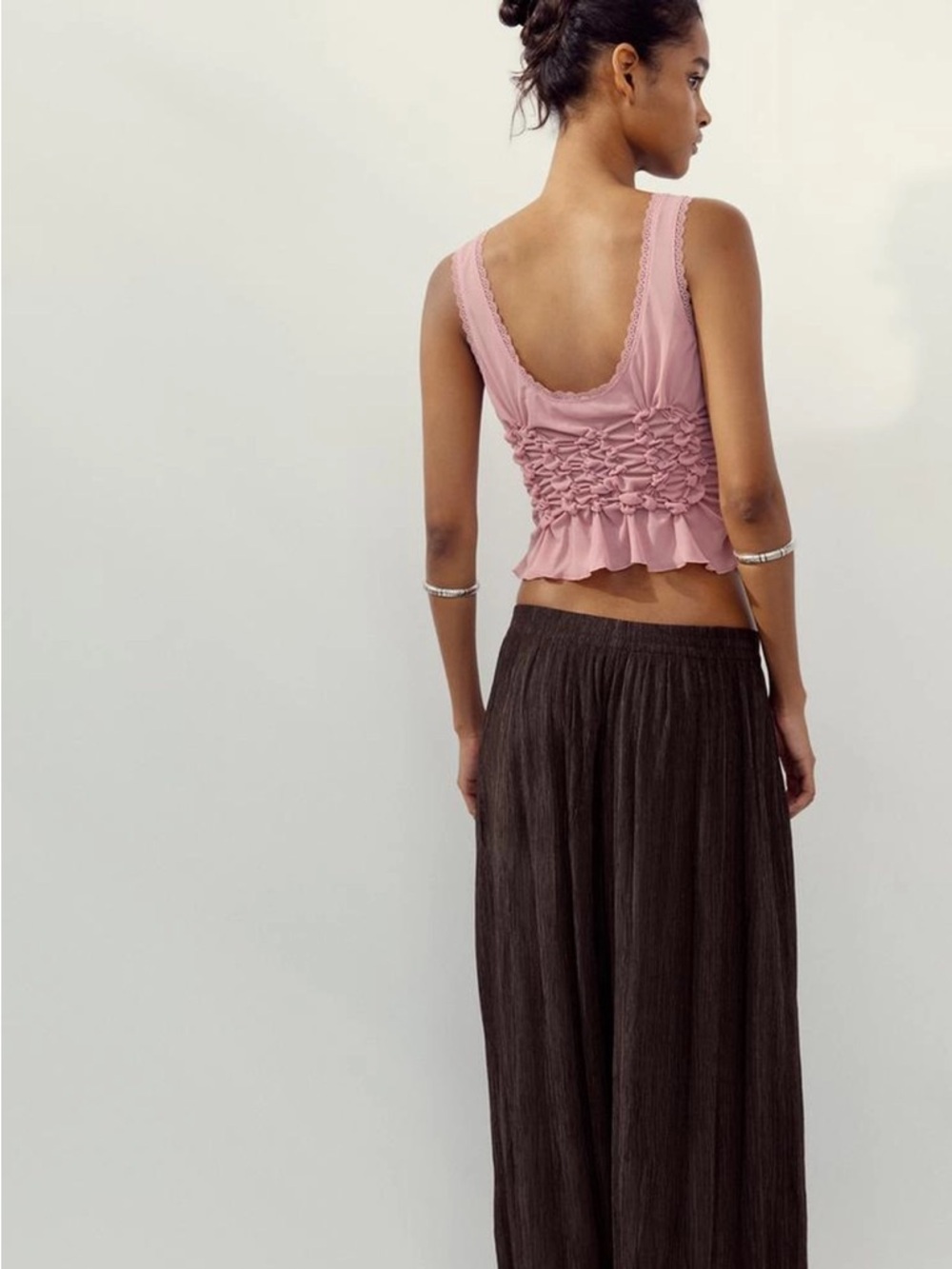 Zara Pink Lace-Trim Smocked Tie-Front Tank Top Bohemian Coachella Festival - Picture 5 of 6
